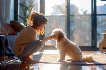 A tranquil scene captures a woman in a serene indoor setting, gently interacting with a fluffy white dog basking in the soft glow of the afternoon sunlight. - obrazy, fototapety, plakaty