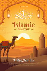 Islamic poster with camel at desert for flyer, social media story and print template