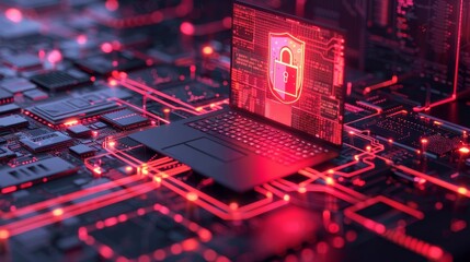 A digital illustration of a laptop surrounded by security shields and protective barriers, symbolizing digital defense mechanism - obrazy, fototapety, plakaty