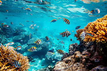 Fototapeta na wymiar Photo coral reef with fish blue sea underwater scene