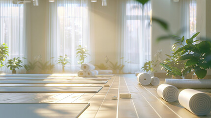 Serene Yoga Haven with Neatly Rolled Mats - obrazy, fototapety, plakaty
