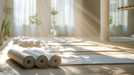 Serene Yoga Haven with Neatly Rolled Mats - obrazy, fototapety, plakaty