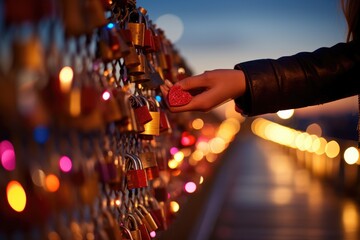 Love Locks: Close-up of hands placing a love lock on a bridge.