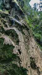 A fragment of a beautiful tropical waterfall. Thin streams of water flow down the openwork terraces. Green vegetation on the mountainside. Tumalog Falls. Philippines. Cebu. Oslob