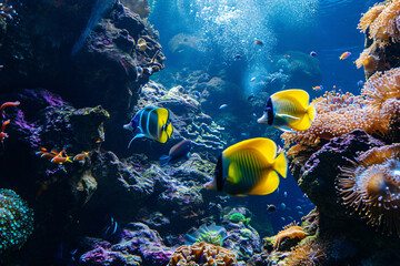 Naklejka na ściany i meble Photo coral reef with fish blue sea underwater scene