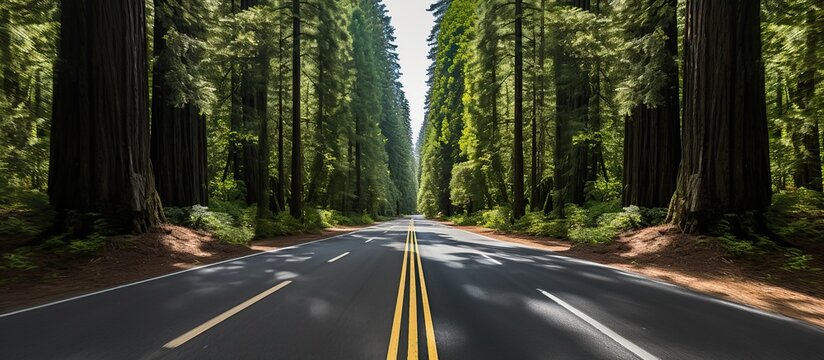 on an extreme winding road, the avenue of the giants, with sequoia trees around
