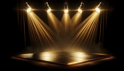 Stage spotlight, Golden spotlights pour down on an empty stage amidst a hazy atmosphere, inviting a sense of warmth and the imminent start of a performance.
