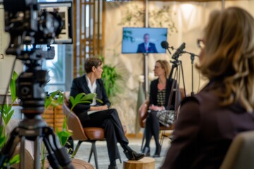 Fototapeta na wymiar A business talk show segment focused on sustainability and corporate social responsibility, featuring interviews with eco-conscious entrepreneurs and advocates driving positive change, Generative AI