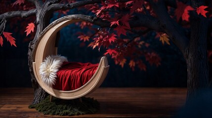 A bed is built into a tree, with red leaves, newborn digital  backdrop