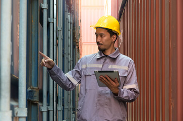 Japanese engineer working at international shipping cargo yard. Man in uniform using digital tablet while looking at container for inspection loading information. - 766760332