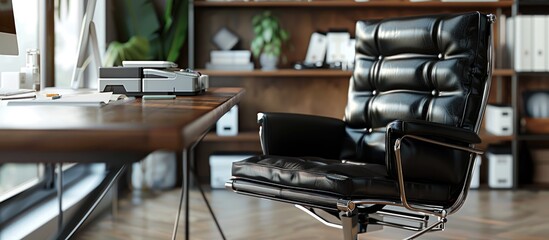 Workspace in the office furnished with black leather and stocked with office supplies, featuring a space for copying.