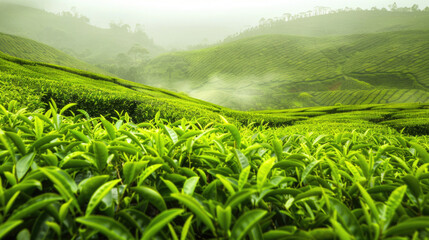 A vast expanse of lush green tea plants
