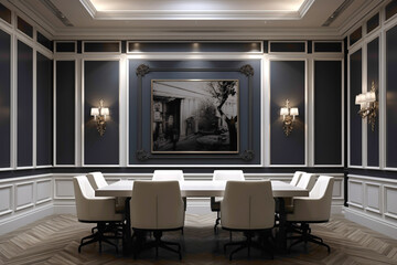 A polished meeting room exuding sophistication and elegance. The empty white frame on the wall presents an opportunity for personalized artwork.