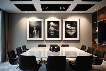 A polished meeting room exuding sophistication and elegance. The empty white frame on the wall presents an opportunity for personalized artwork.