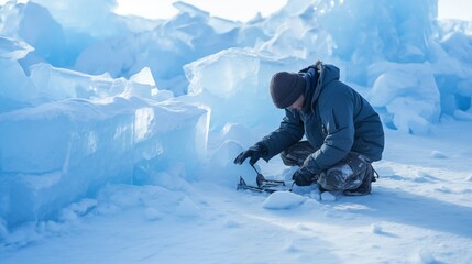 Fototapeta na wymiar Technicians analyze the ice's density to study its melting, clumping and other conditions. 