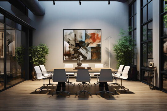A polished and sophisticated meeting space featuring modern furnishings. The empty white frame on the wall offers a canvas for artistic expression or branding.