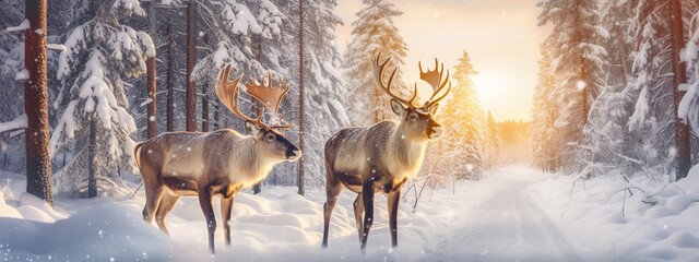 Majestic reindeer in winter forest. Panoramic banner