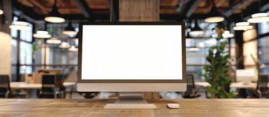 A blank computer screen is displayed on a wooden desk in front of a blurred office setting in the background, represented through a mockup in a .