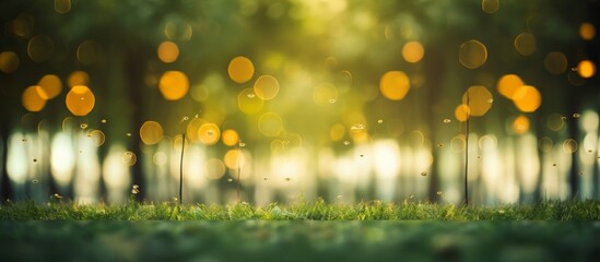 An image of a lush green field with trees in the background, the sun shining through the leaves creating a natural landscape with a blurry effect - Powered by Adobe