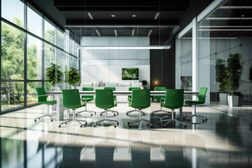 A panoramic view of a modern meeting room with a sleek, glass table and chic green chairs, complemented by an empty white frame in the background.