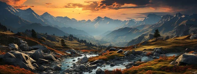Mountain landscape with river and high peaks at sunset - obrazy, fototapety, plakaty