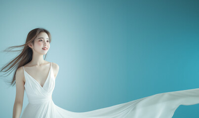 Beautiful Japanese woman 25 years old in a white dress, her beautiful smooth long blonde hair...