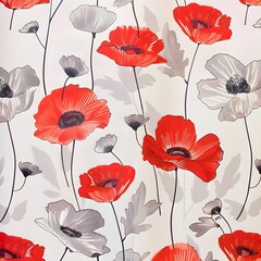 Elegant Red Poppy Flowers in Vintage Botanical Style Seamless Pattern