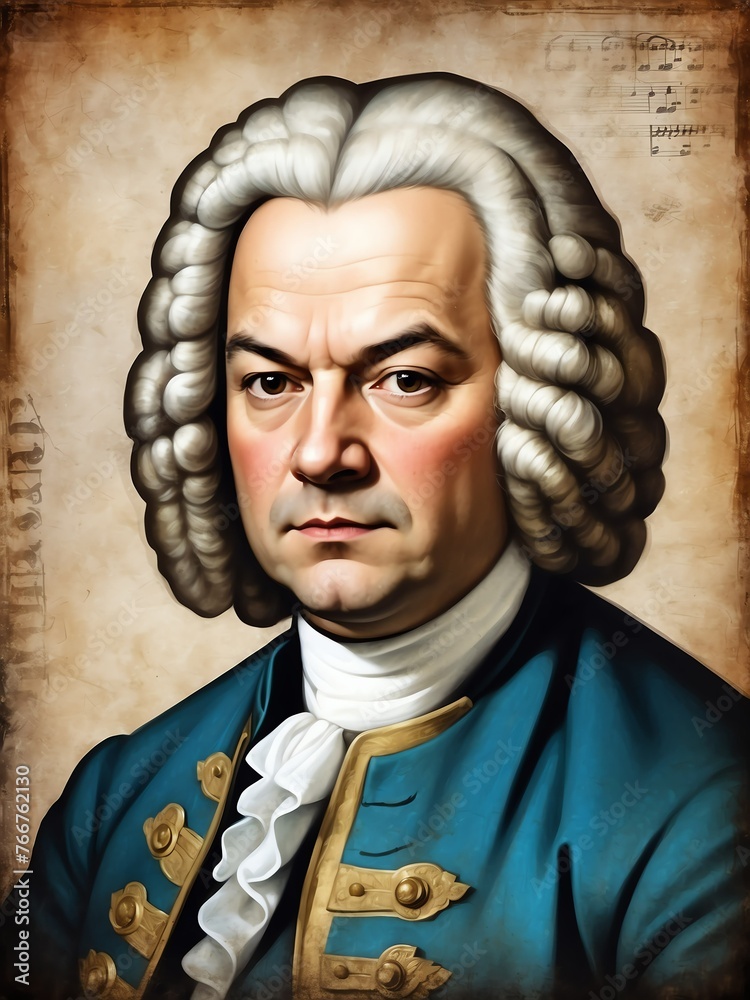 Poster portrait of johann sebastian bach art oil on canvas medieval painting illustration grainy grunge tex