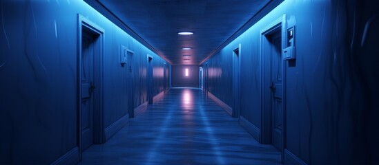 A long hallway in the building illuminated by electric blue lights on walls and doors, creating a symmetrical and futuristic atmosphere in the darkness