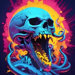 Skull with tentacle coming out of the mouth blue animated style comics with yellow lights and pink shadow, natural size Generative AI