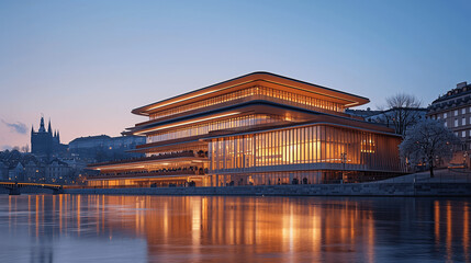 Modern Waterfront Building at Sunset