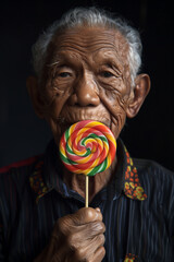 Fototapeta premium an elderly Thai gentleman, his face etched with the wisdom of years, standing serenely. He holds a vibrant, multicolored lollipop close to his heart, symbolizing a sweet juxtaposition of youth and age