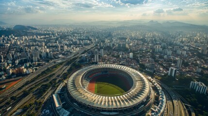 A stunning aerial view of a stadium its unique design and imposing size dwarfed by the sprawling metropolis stretching out in all directions. - obrazy, fototapety, plakaty
