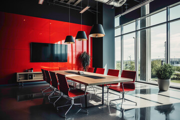 A modern sleek meeting room with vibrant red accent walls, minimalist furniture, and ample natural light pouring in.