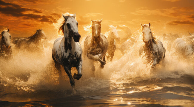 Brown, grey, black and white horses running on the water  beach , against the background soft sunset light. 