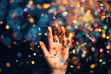 Colorful Confetti: Close-up of hands throwing colorful confetti. - obrazy, fototapety, plakaty