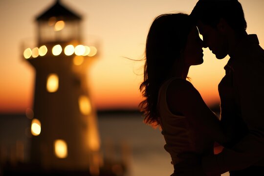 Lighthouse Kiss: Close-up of a couple kissing near a lighthouse.