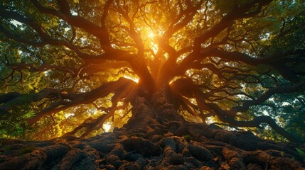 A large tree with intertwining branches and roots each branch representing a different thought or experience and the roots symbolizing the deep interconnected network of our