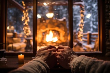 Snowy Cabin Retreat: Close-up of hands by a fireplace in a snowy cabin.