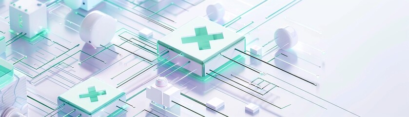 3D illustration of digital health and medical technology on a white background with a light blue and green color scheme Minimalistic  - obrazy, fototapety, plakaty