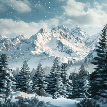 Snowy mountains landscape. Winter, snow covered scenery, digital painting. Beautiful sunny day, blue sky, white clouds