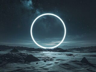 a circular portal on a night sky in the desert dark white lines highquality realistic DSLR photo high resolution