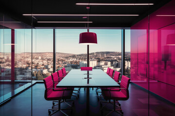 A bright and dynamic meeting room with bold magenta walls, sleek black furniture, and large windows providing panoramic views of the surrounding city.