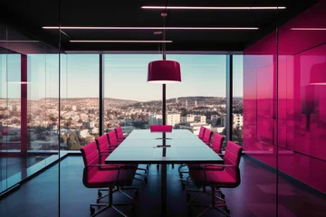 Fototapeten A bright and dynamic meeting room with bold magenta walls, sleek black furniture, and large windows providing panoramic views of the surrounding city. © LOVE ALLAH LOVE