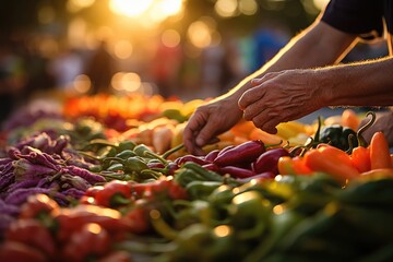 Farmers' Market Love: Close-up of hands picking fresh produce at a farmers' market. - obrazy, fototapety, plakaty