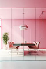 A modern pink meeting room with a glass partition and a blank white empty frame.