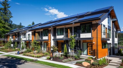 Fototapeta premium A series of townhouses built with energyefficient design features including solar panels on each rooftop and large windows to optimize . AI generation.