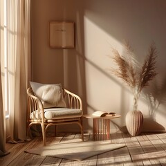 Cozy Rattan Armchair in Sunlit Living Room with Minimalist Decor