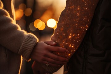Golden Hour Affection: Close-up of hands embracing during the golden hour. - obrazy, fototapety, plakaty