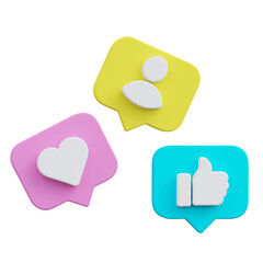 Social media reaction, add friend, love, like and thumb up 3d